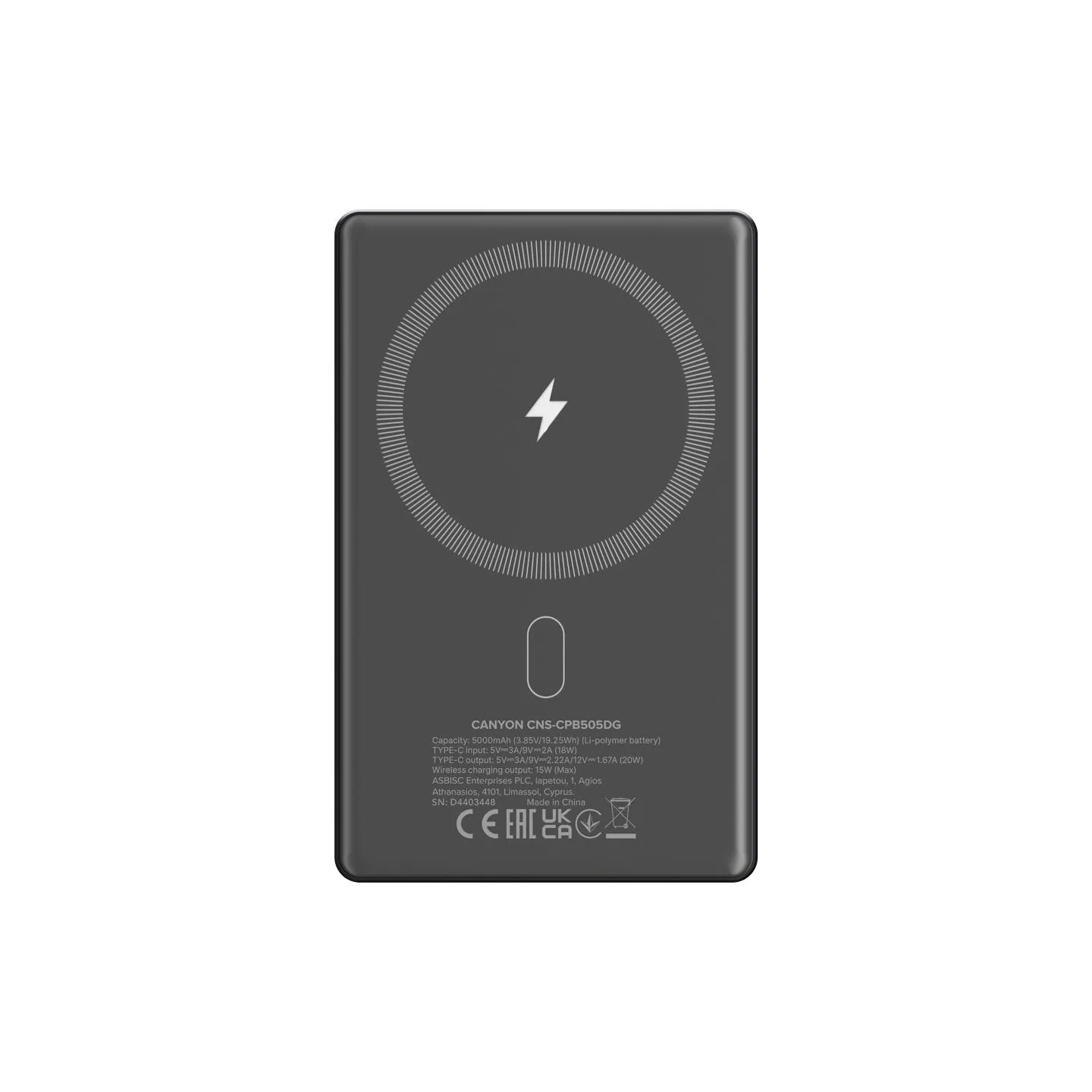 Canyon power bank OnPower 505 slim Magnetic 5000 mAh PD20W Dark Grey