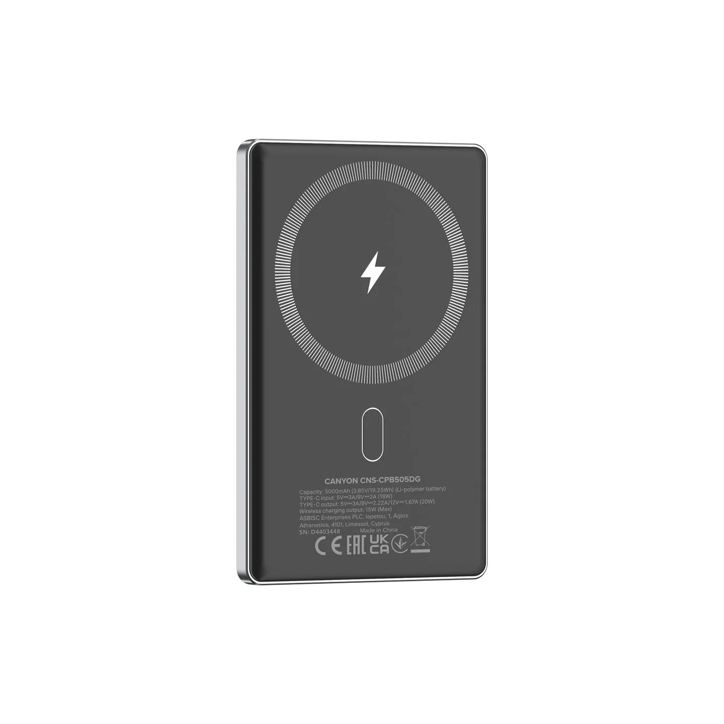 Canyon power bank OnPower 505 slim Magnetic 5000 mAh PD20W Dark Grey