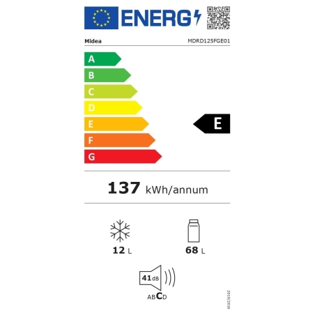 Midea Refrigerator | MDRD125FGE01 | Energy efficiency class E | Free standing | Larder | Height 84.5 cm | Fridge net capacity 68