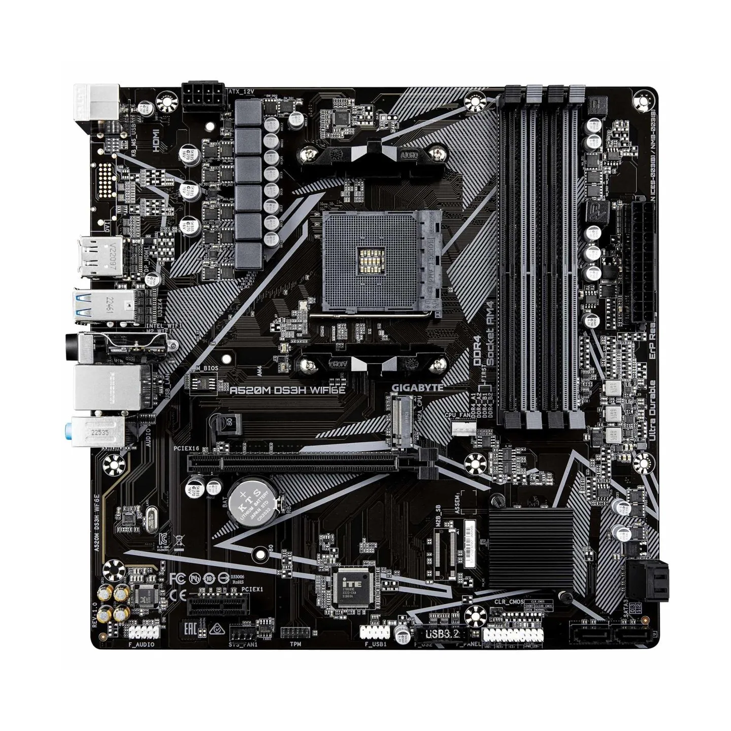 Gigabyte A520M DS3H WIFI6E | Processor family AMD | Processor socket AM4 | DDR4 | Supported hard disk drive interfaces SATA, M.2