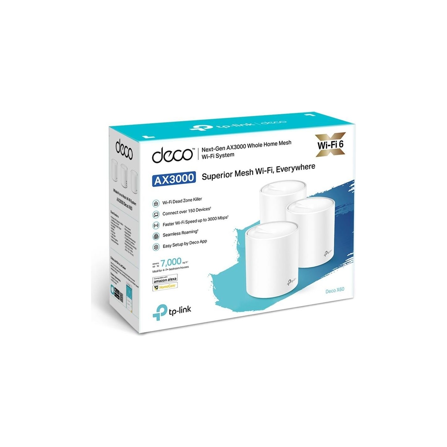 Tp-Link Wireless Router|TP-LINK|Deco X60 (3-pack)|Qtty 3 pc(s)|Qtty 3 pc(s)|Wi-Fi band Dual-band (2.4 GHz / 5 GHz)|Wi-Fi 6 (802.
