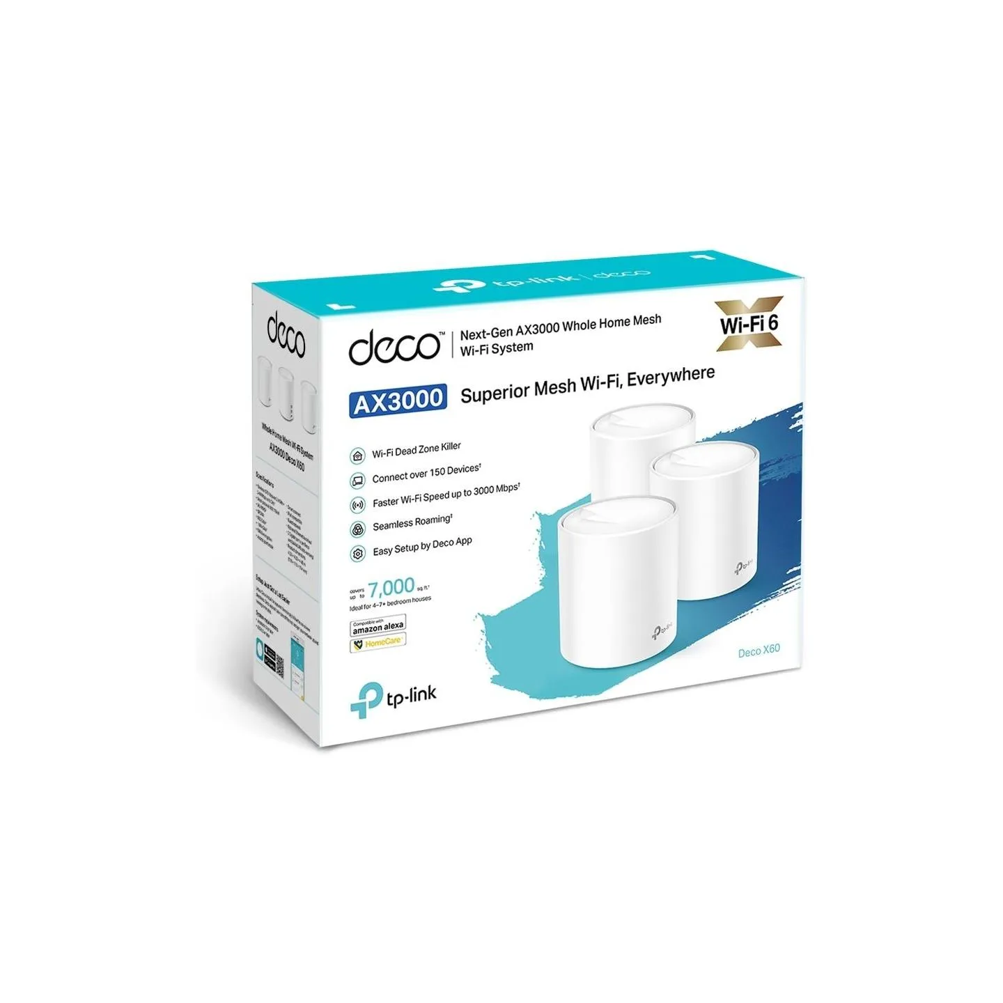 Tp-Link Wireless Router|TP-LINK|Deco X60 (3-pack)|Qtty 3 pc(s)|Qtty 3 pc(s)|Wi-Fi band Dual-band (2.4 GHz / 5 GHz)|Wi-Fi 6 (802.