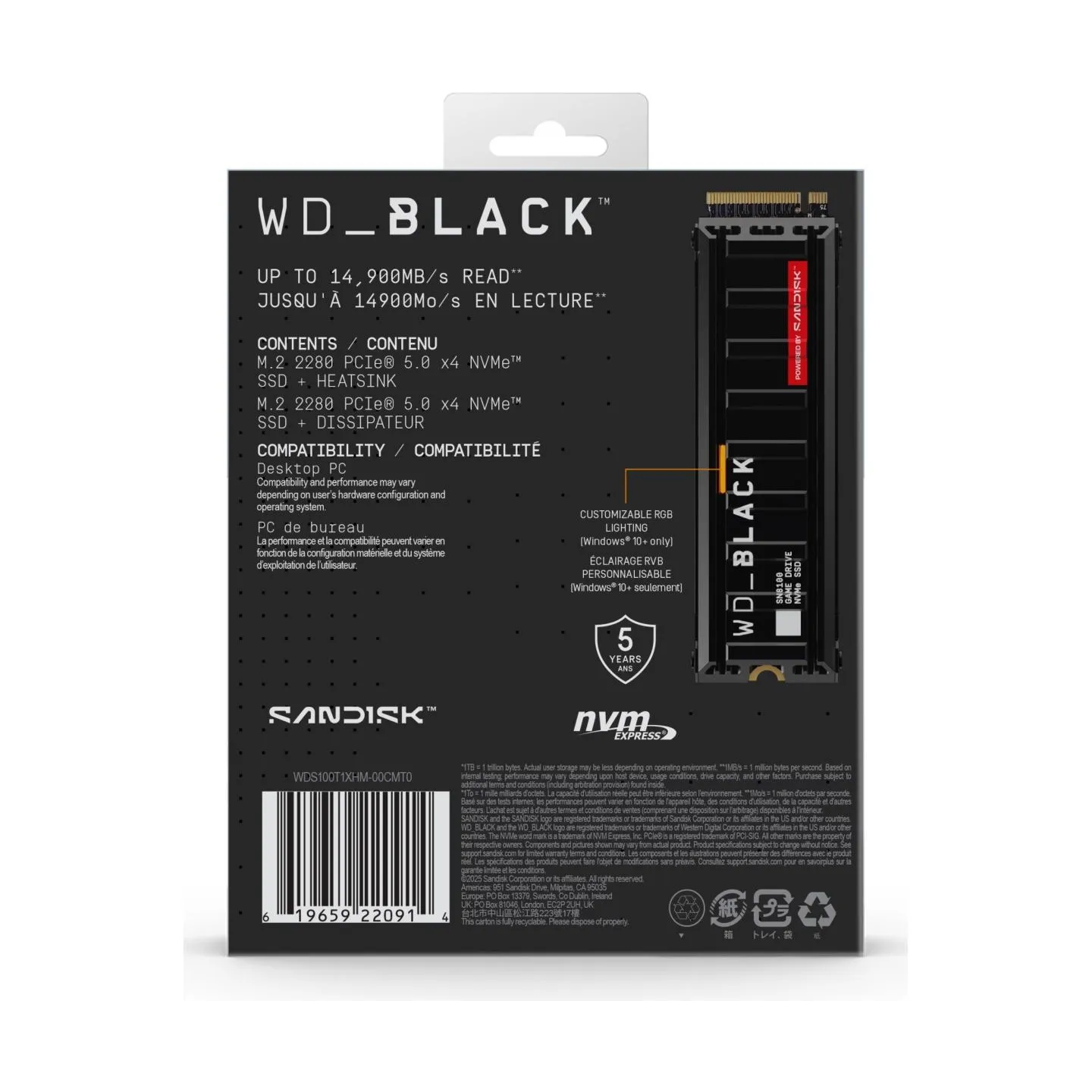 Sandisk SSD|SANDISK|2400xTBW rating|NVMe Yes|PCI Express 5.0|M.2|1000 GB|WDS100T1XHM-00CMT0