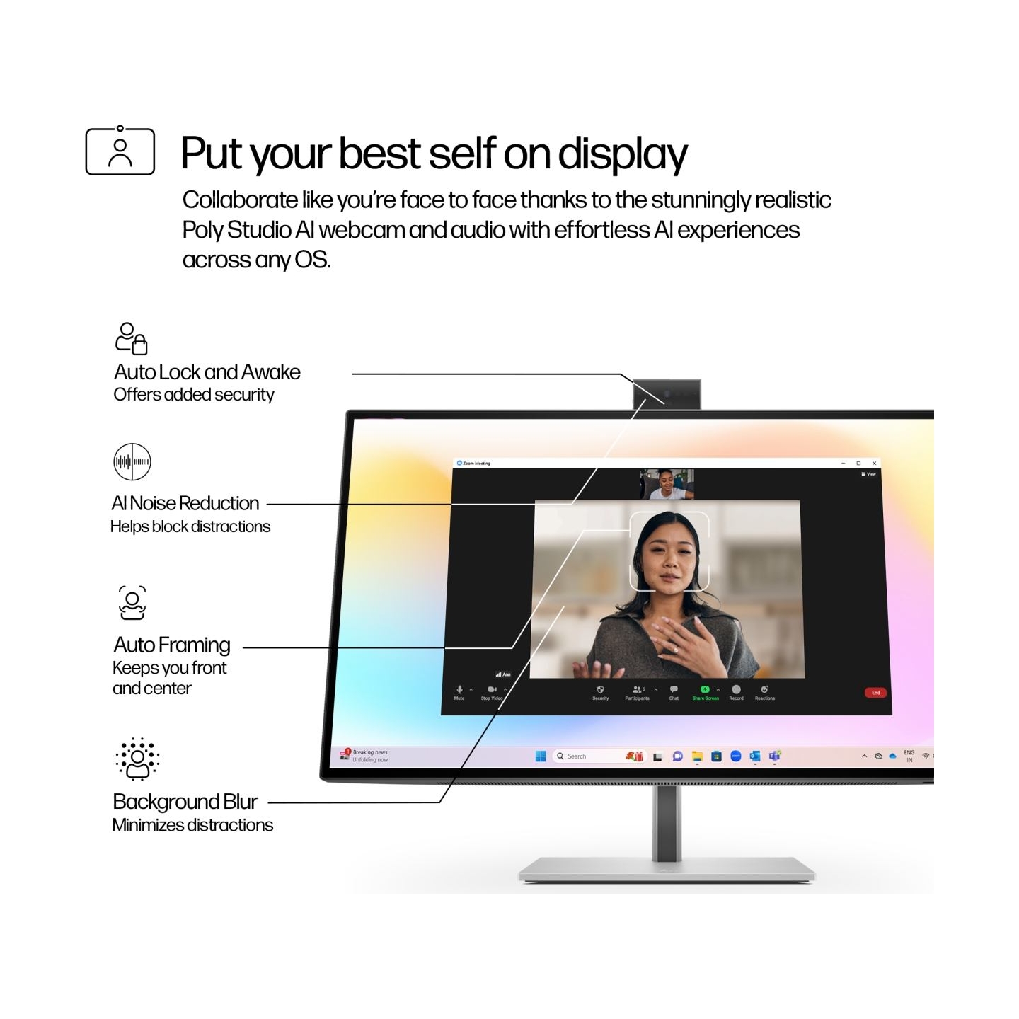 HP 727pm Series 7 Pro 4K Conferencing Monitor - 27" 3840x2160 UHD 400-nit 60Hz AG, IPS Black HDR 400, USB-C(100W/15W)/HDMI/Displ