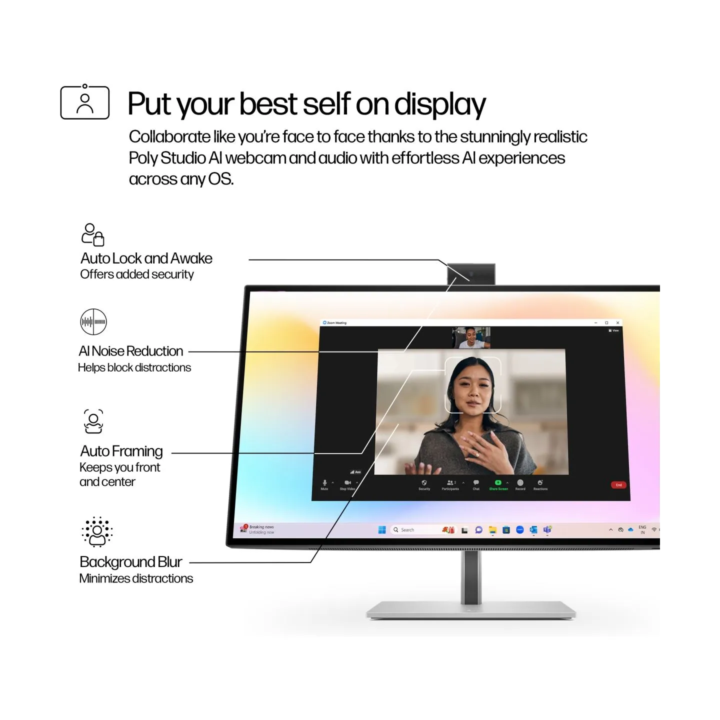 HP 727pm Series 7 Pro 4K Conferencing Monitor - 27" 3840x2160 UHD 400-nit 60Hz AG, IPS Black HDR 400, USB-C(100W/15W)/HDMI/Displ