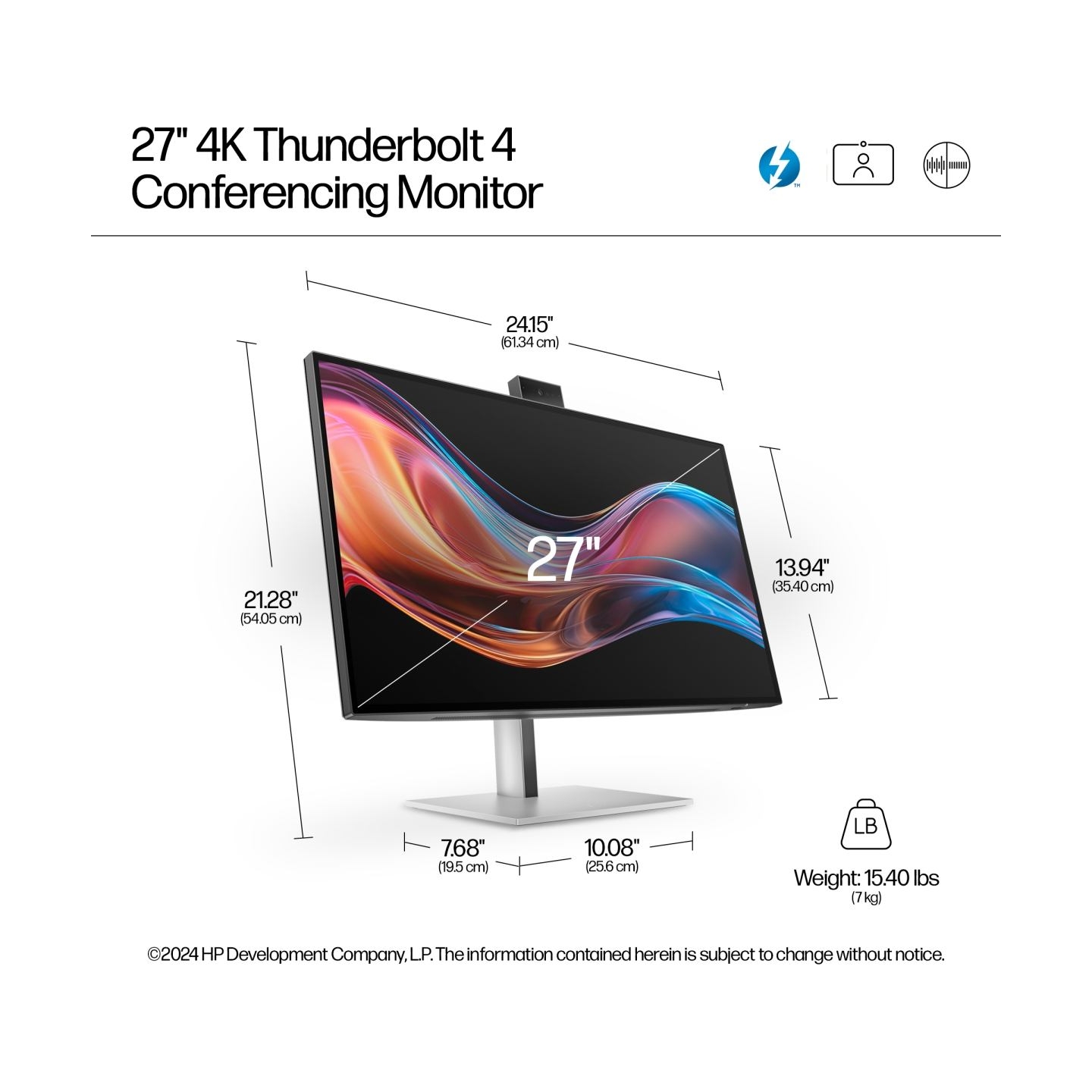 HP 727pm Series 7 Pro 4K Conferencing Monitor - 27" 3840x2160 UHD 400-nit 60Hz AG, IPS Black HDR 400, USB-C(100W/15W)/HDMI/Displ