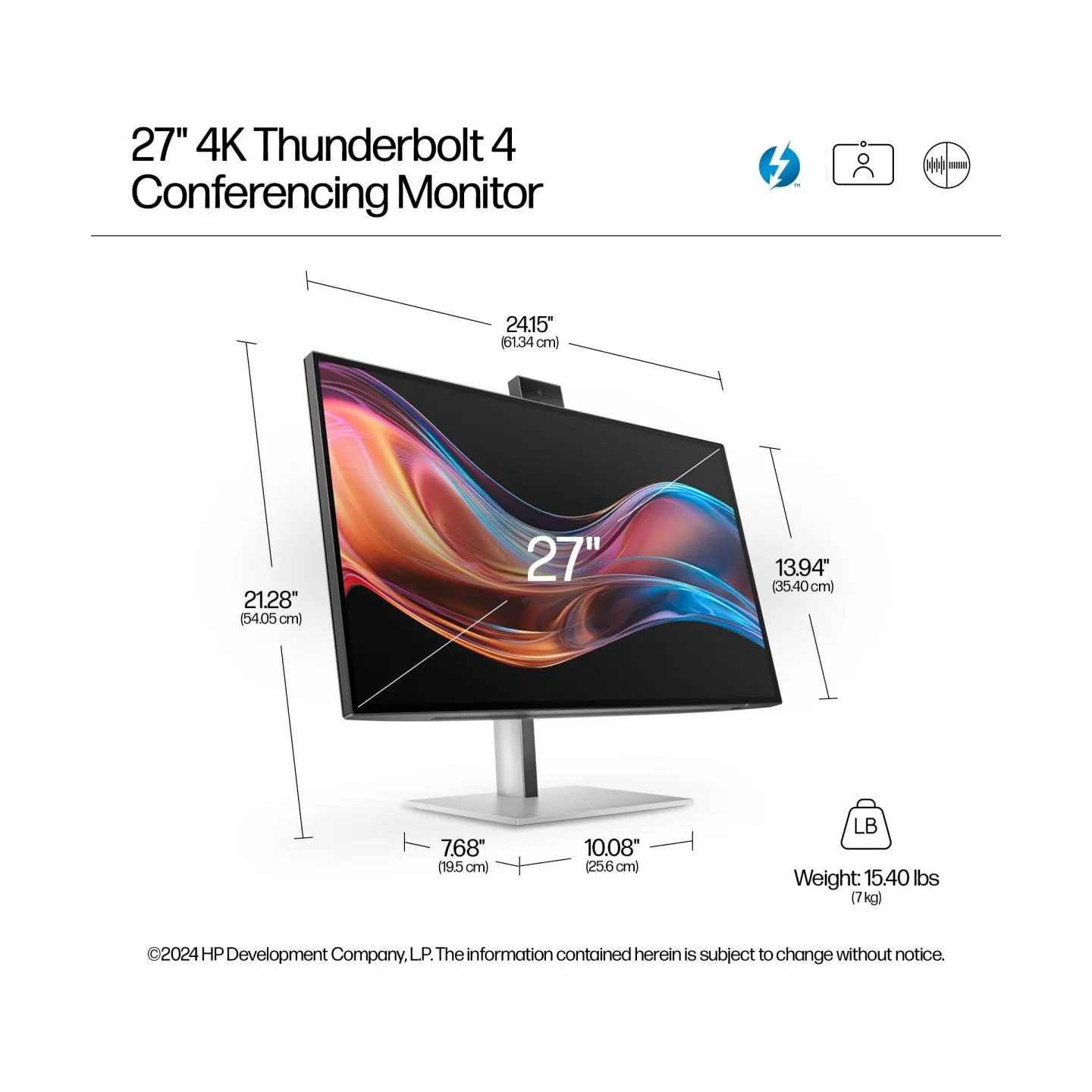 HP 727pm Series 7 Pro 4K Conferencing Monitor - 27" 3840x2160 UHD 400-nit 60Hz AG, IPS Black HDR 400, USB-C(100W/15W)/HDMI/Displ