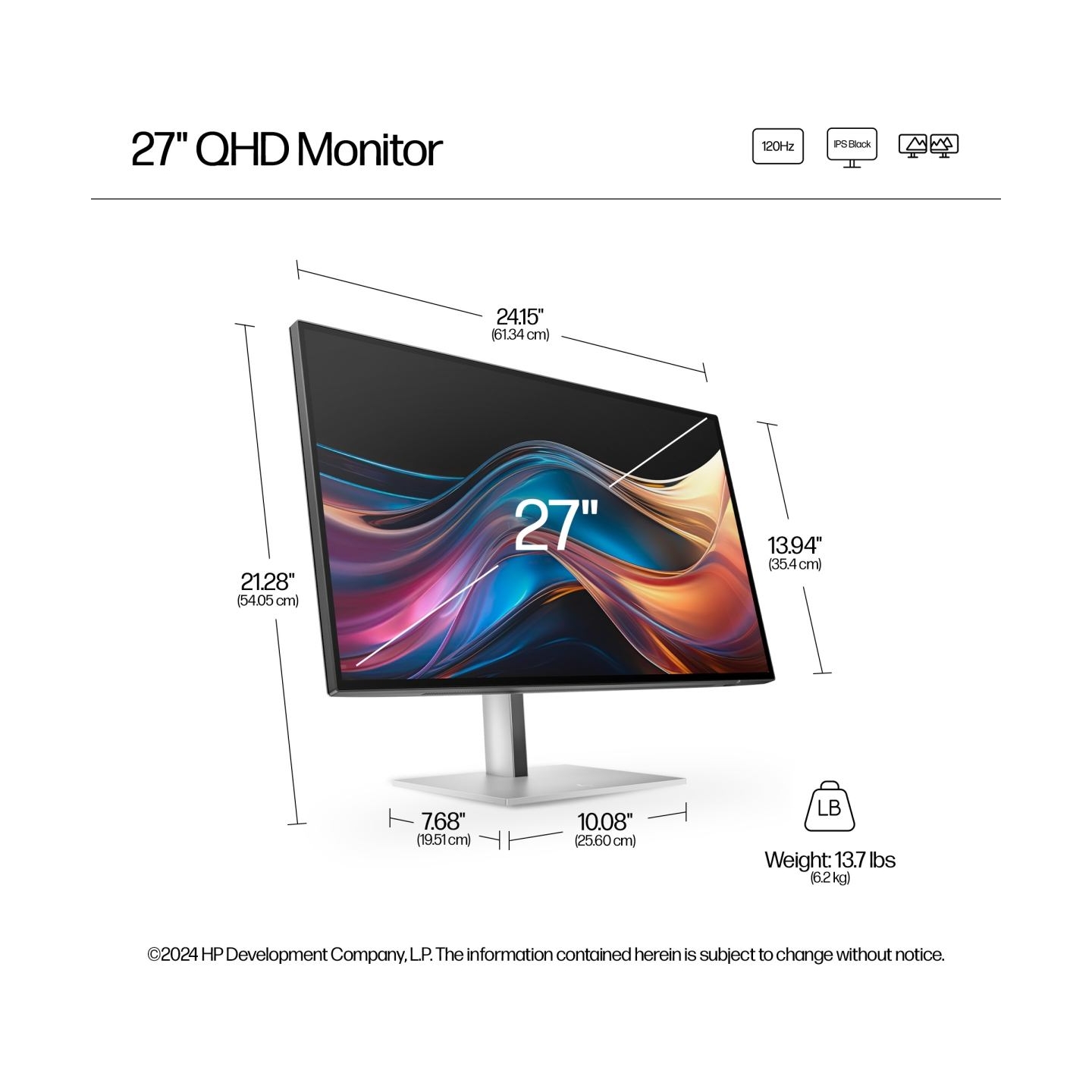HP 727pq Series 7 Pro QHD Monitor - 27" 2560x1440 QHD 400-nit 120Hz AG, IPS Black HDR 400, USB-C(15W)/HDMI/DisplayPort Daisy-Cha