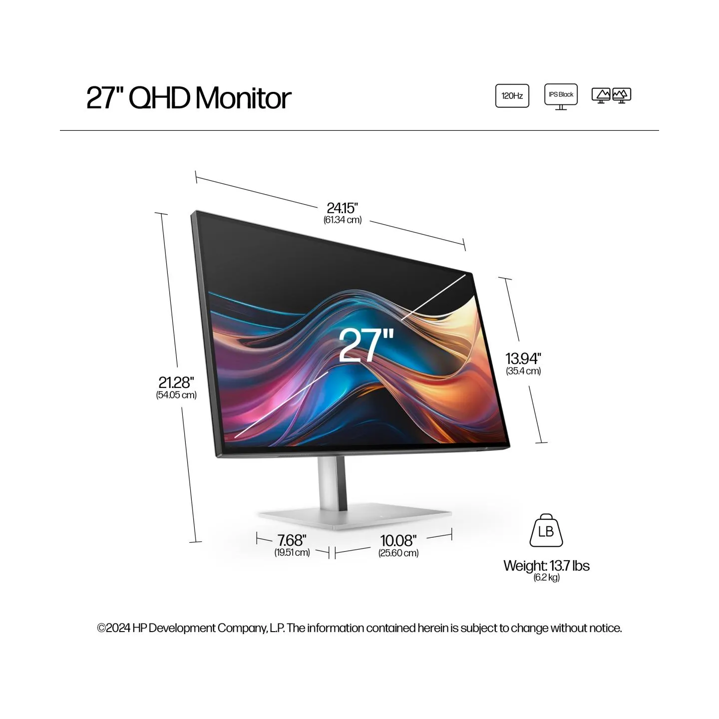 HP 727pq Series 7 Pro QHD Monitor - 27" 2560x1440 QHD 400-nit 120Hz AG, IPS Black HDR 400, USB-C(15W)/HDMI/DisplayPort Daisy-Cha