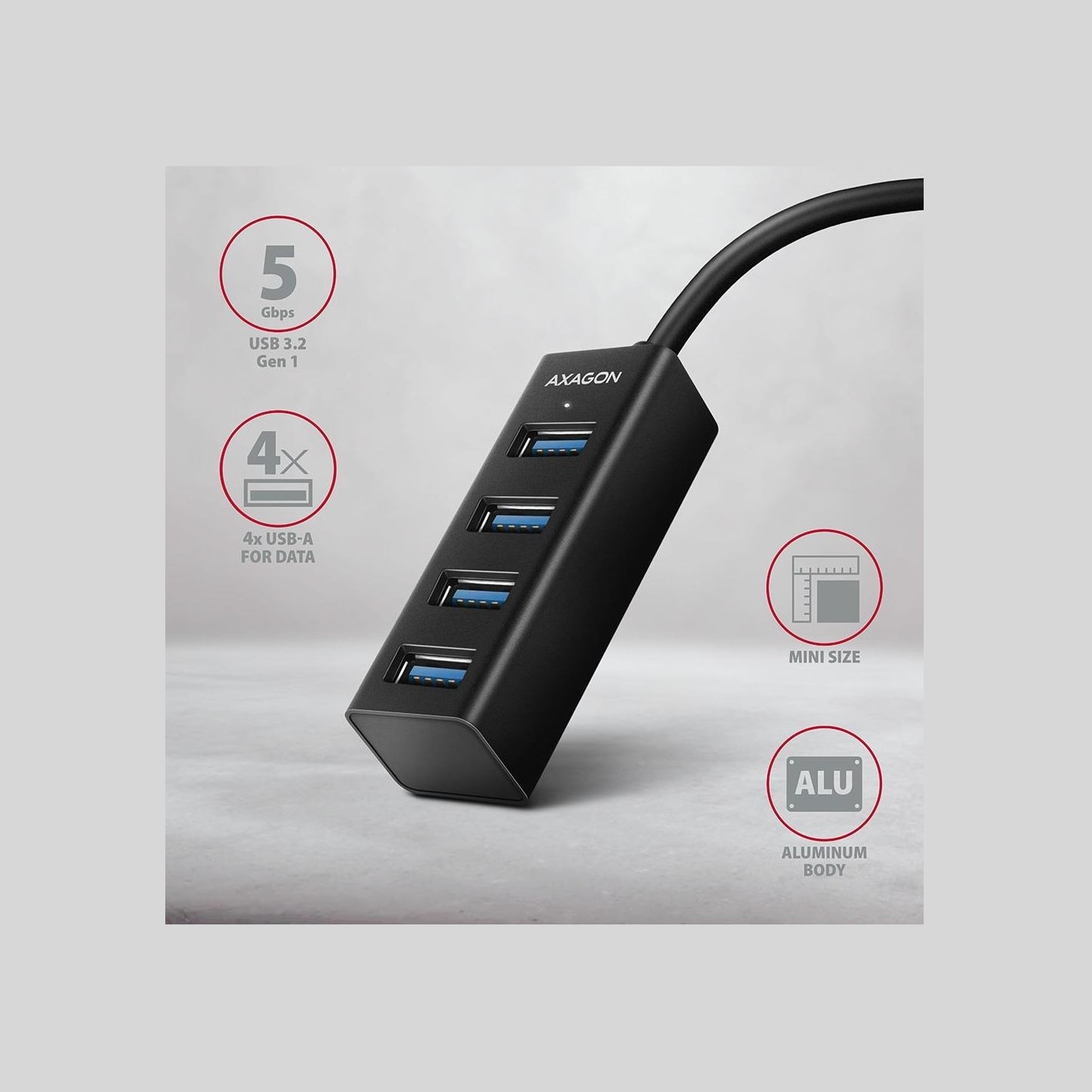 Axagon HUE-M1C 4x USB3.2 Gen 1 MINI hub, metal, 20cm USB-C cable