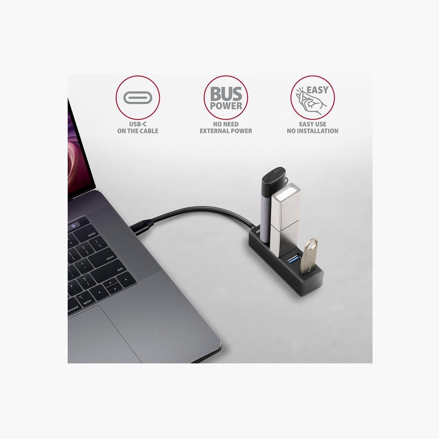 Axagon HUE-M1C 4x USB3.2 Gen 1 MINI hub, metal, 20cm USB-C cable