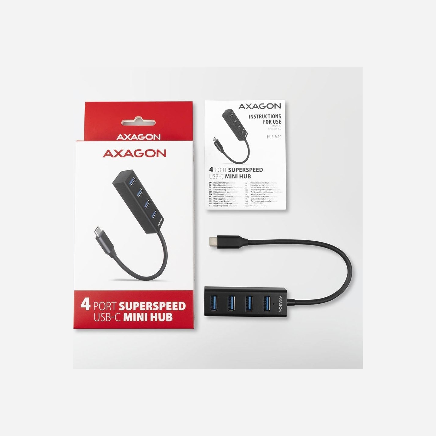 Axagon HUE-M1C 4x USB3.2 Gen 1 MINI hub, metal, 20cm USB-C cable