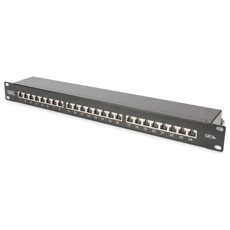 Digitus CAT 6A | Patch Panel | RJ45, 8P8C | Suitable for 483 mm (19") cabinet mounting; Transmission properties: Category 6A, Cl