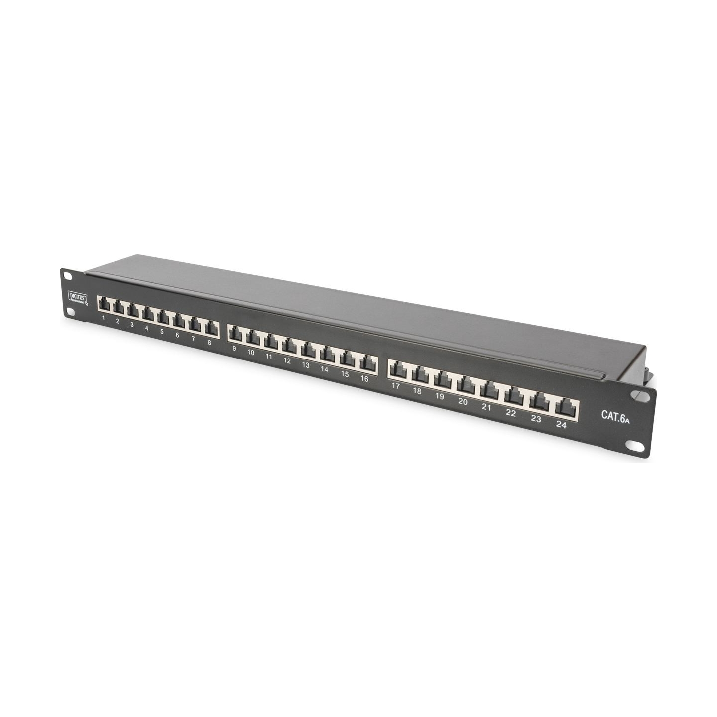Digitus CAT 6A | Patch Panel | RJ45, 8P8C | Suitable for 483 mm (19") cabinet mounting; Transmission properties: Category 6A, Cl