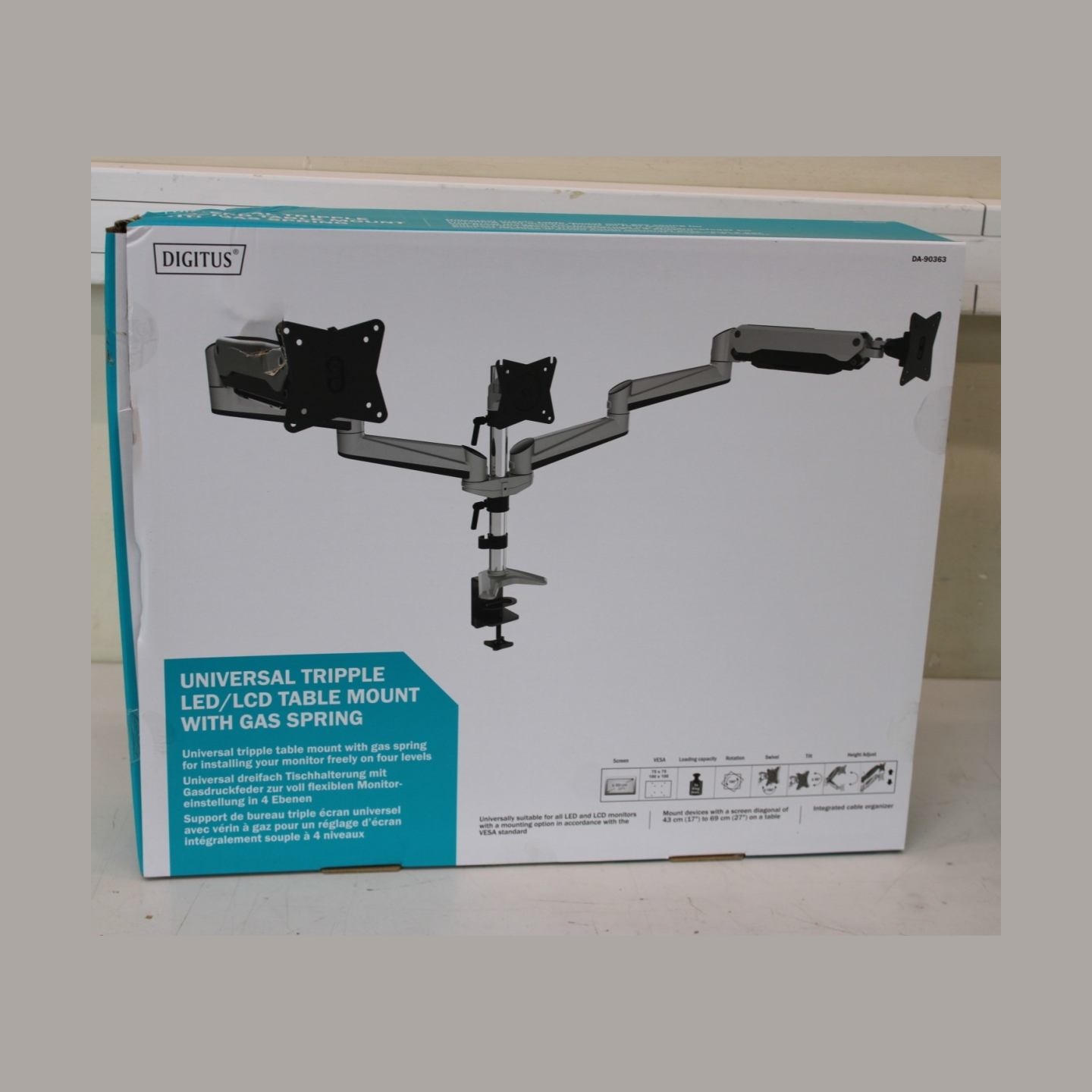 Digitus Triple monitor mount, 3x 27", 3x 6 kg | Digitus Desk Mount | Triple Monitor Gas Spring Mount DA-90363 | Adjustable Heigh
