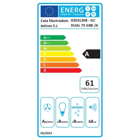 Cata GC DUAL 75 GBK/A | Hood | Canopy | Energy efficiency class A | Width 75 cm | Touch sensitive | 820 m³/h | LED | Black