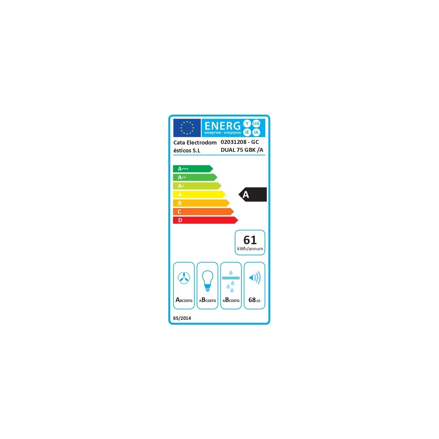 Cata GC DUAL 75 GBK/A | Hood | Canopy | Energy efficiency class A | Width 75 cm | Touch sensitive | 820 m³/h | LED | Black