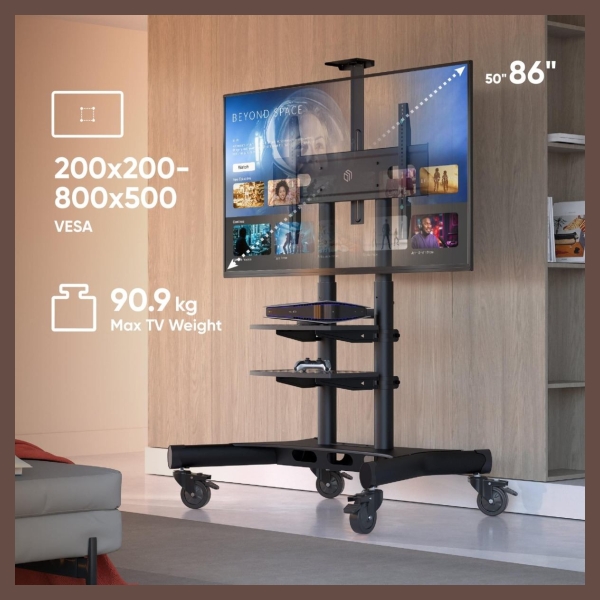 Onkron Mobile TV Stand for 50-83” TVs with Wheels Shelves Height Adjustable Rolling TV Cart, Black