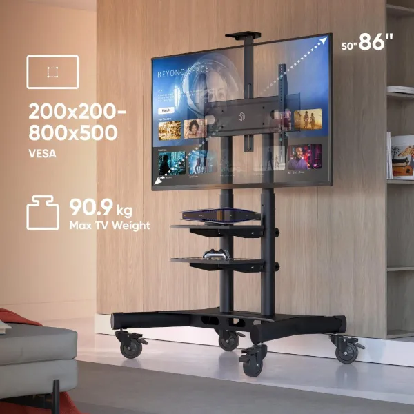 Onkron Mobile TV Stand for 50-83” TVs with Wheels Shelves Height Adjustable Rolling TV Cart, Black