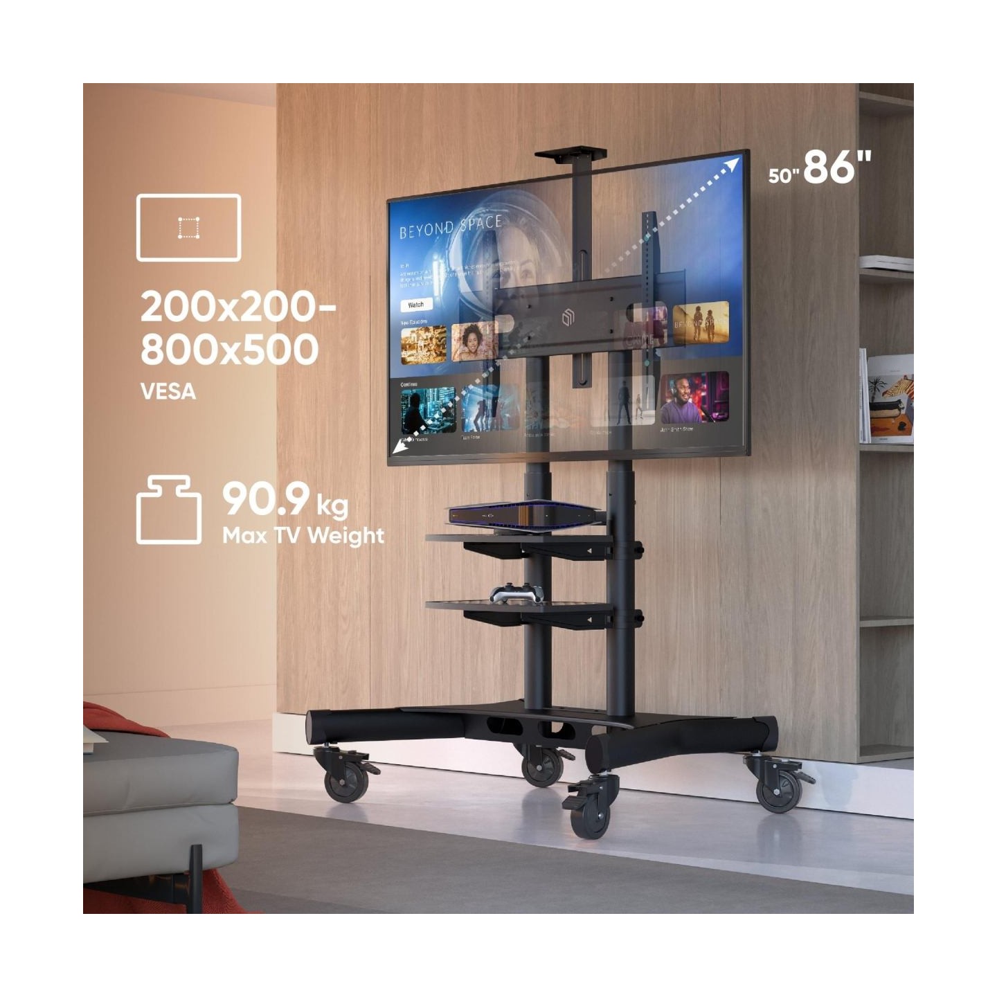 Onkron Mobile TV Stand for 50-83” TVs with Wheels Shelves Height Adjustable Rolling TV Cart, Black