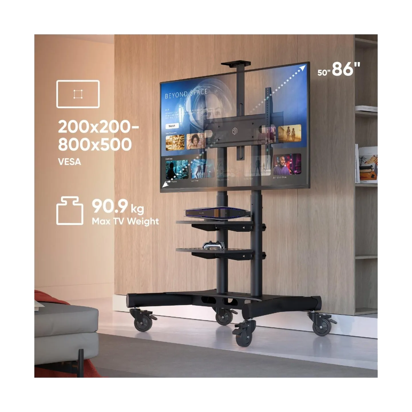 Onkron Mobile TV Stand for 50-83” TVs with Wheels Shelves Height Adjustable Rolling TV Cart, Black