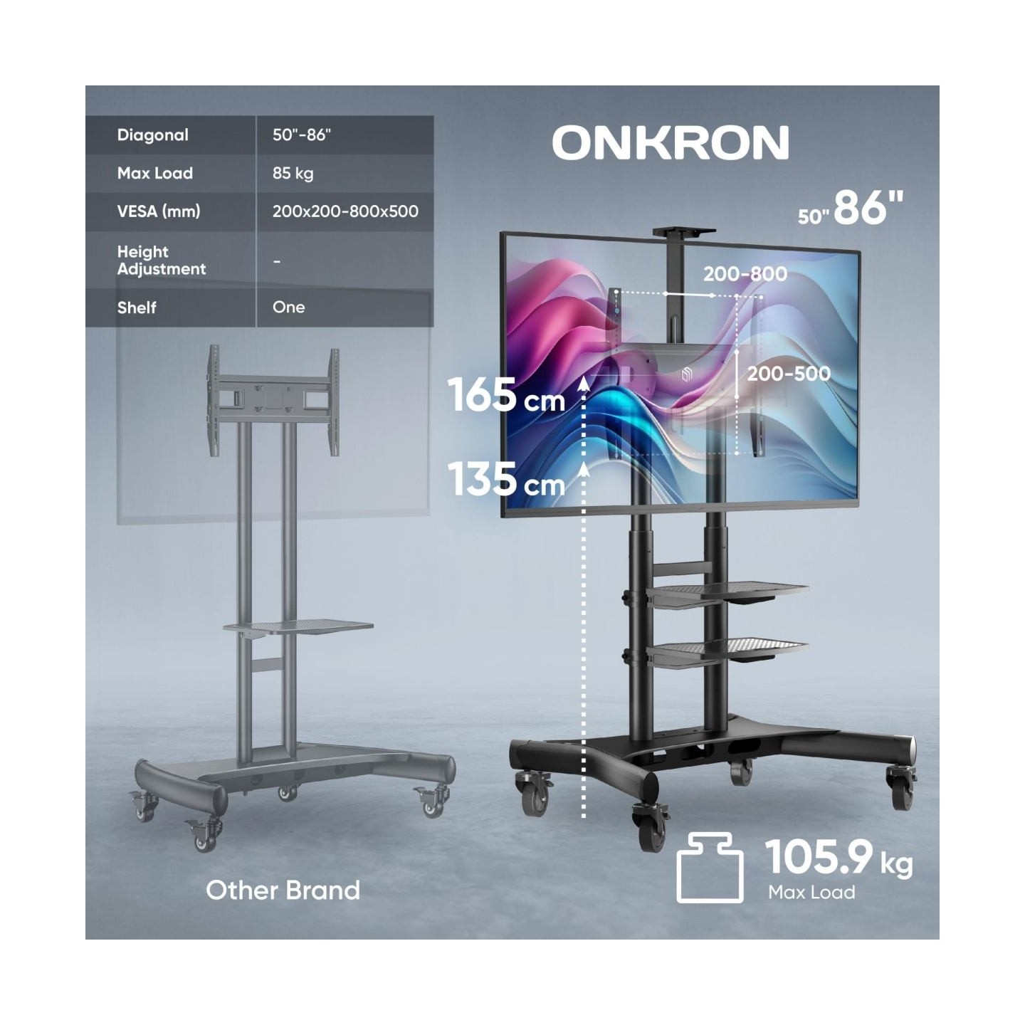 Onkron Mobile TV Stand for 50-83” TVs with Wheels Shelves Height Adjustable Rolling TV Cart, Black
