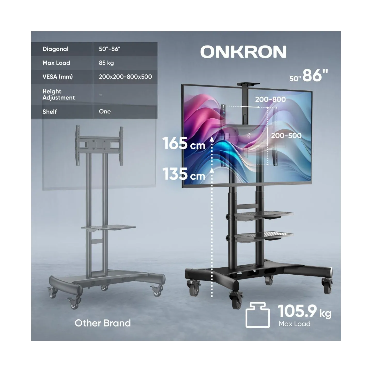 Onkron Mobile TV Stand for 50-83” TVs with Wheels Shelves Height Adjustable Rolling TV Cart, Black