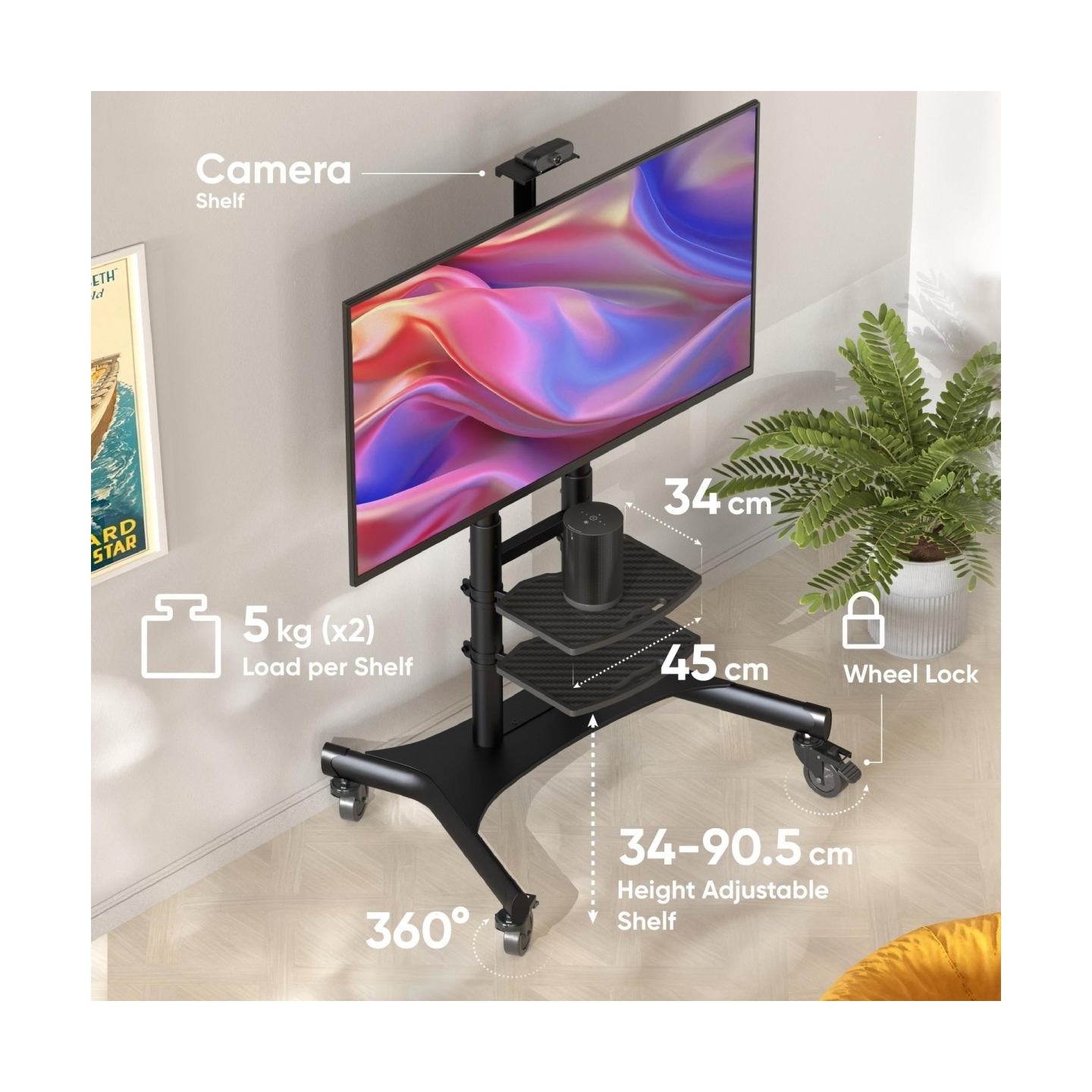 Onkron Mobile TV Stand for 50-83” TVs with Wheels Shelves Height Adjustable Rolling TV Cart, Black