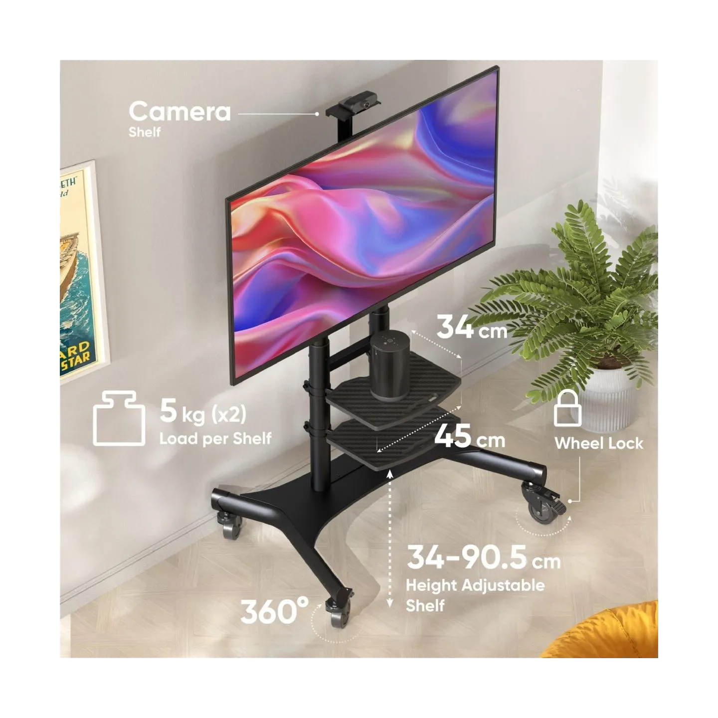 Onkron Mobile TV Stand for 50-83” TVs with Wheels Shelves Height Adjustable Rolling TV Cart, Black