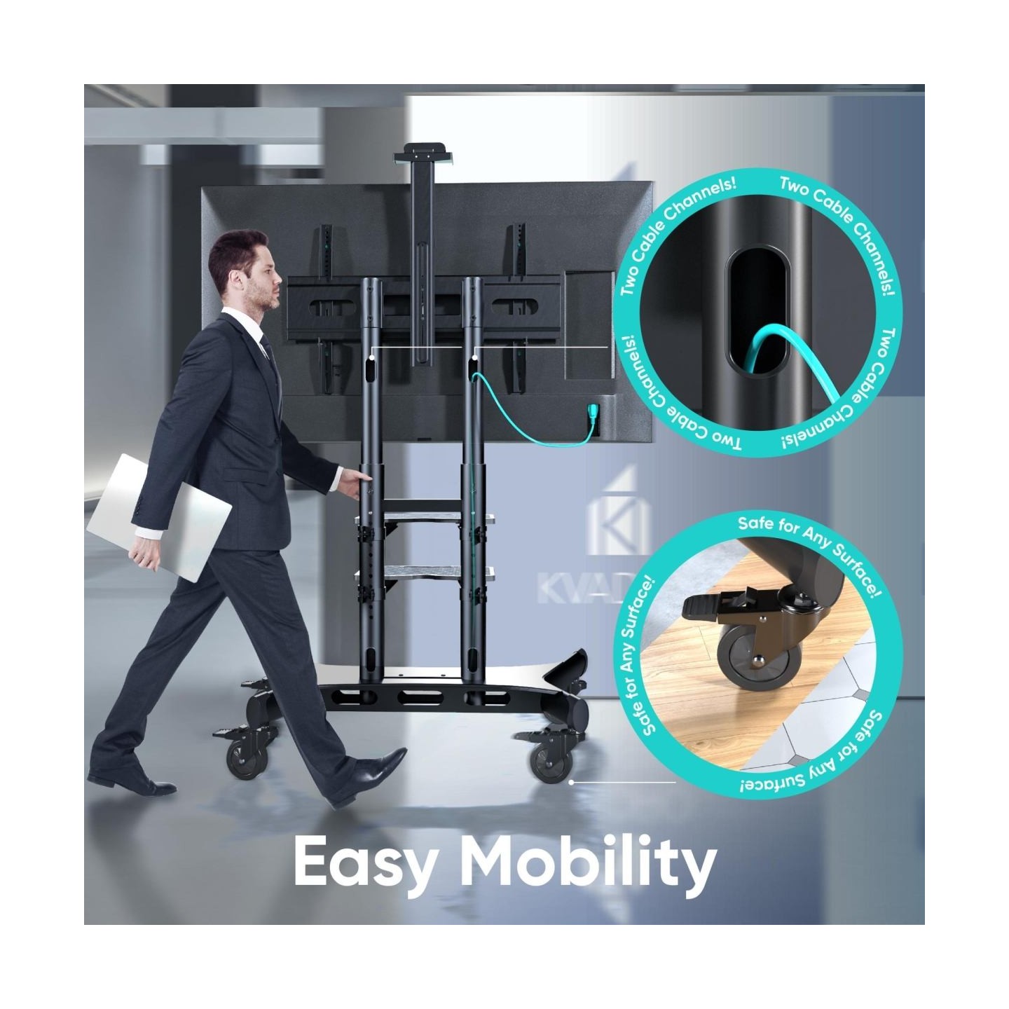 Onkron Mobile TV Stand for 50-83” TVs with Wheels Shelves Height Adjustable Rolling TV Cart, Black