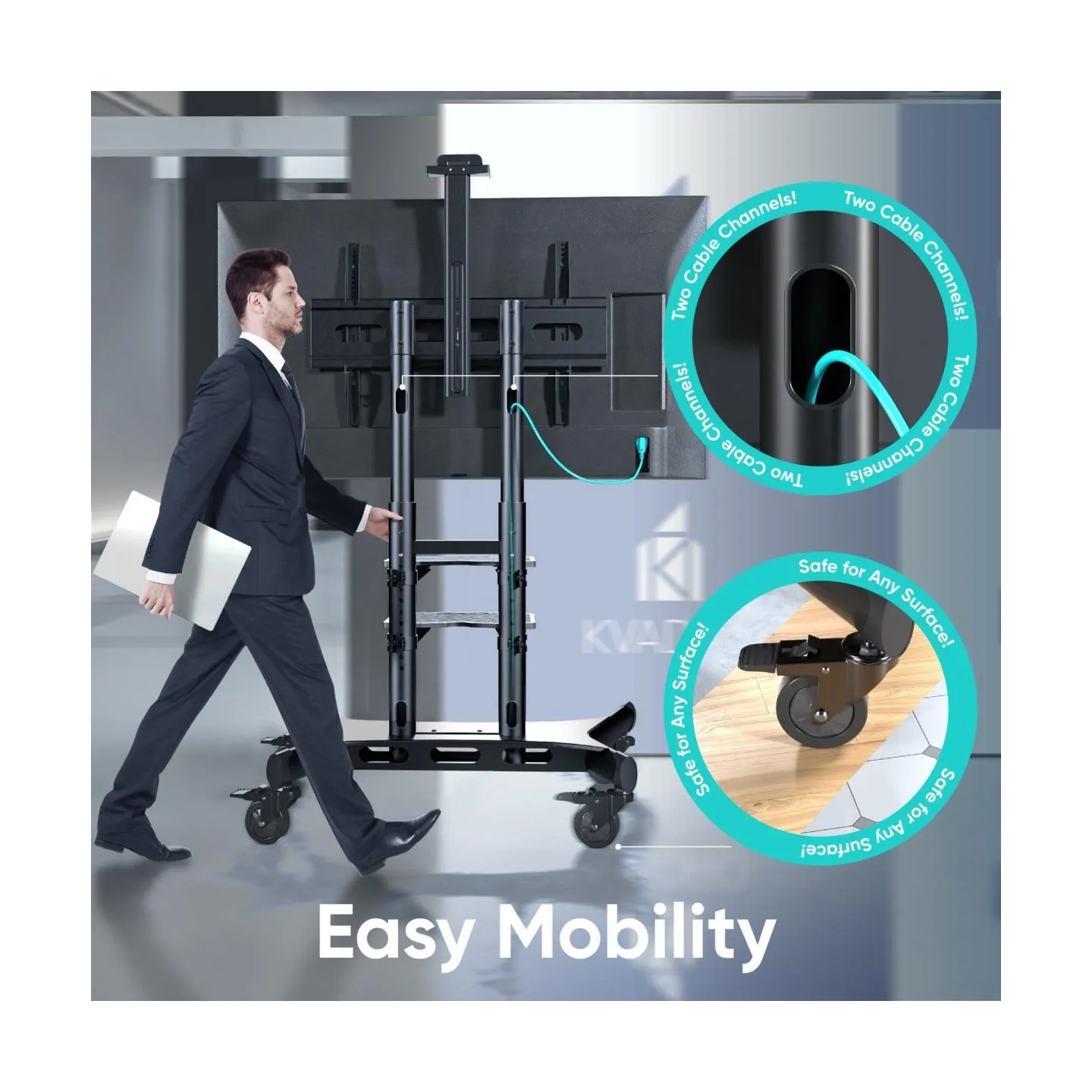 Onkron Mobile TV Stand for 50-83” TVs with Wheels Shelves Height Adjustable Rolling TV Cart, Black