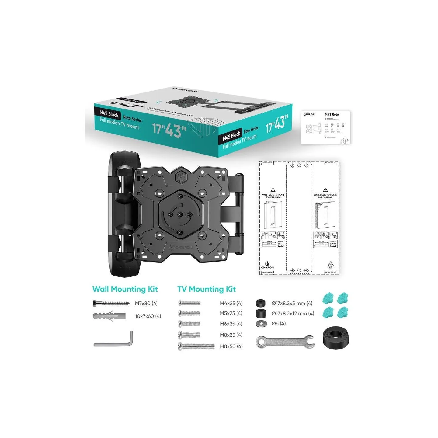 Onkron Full Motion TV Wall Mount for 17– 43 Inch LCD LED Flat Screens up to 35 kgs, Black