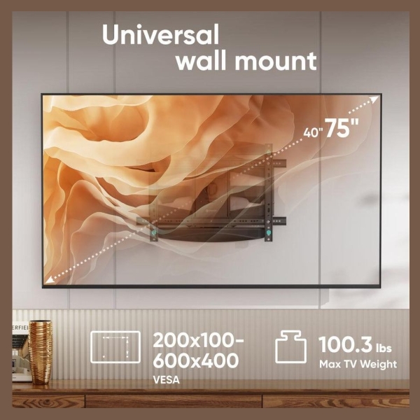 Onkron Full Motion TV Wall Mount for 40 to 75-inch Flat Panel TVs Digital Panels 45,5 kg, Black