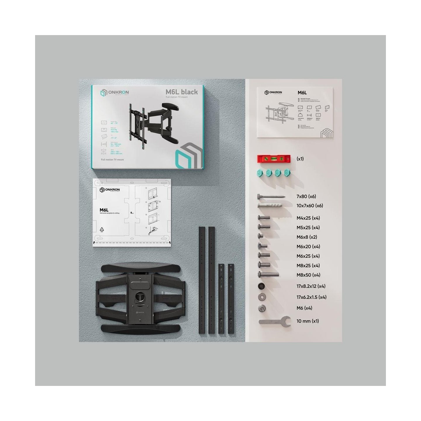 Onkron Full Motion TV Wall Mount for 40 to 75-inch Flat Panel TVs Digital Panels 45,5 kg, Black