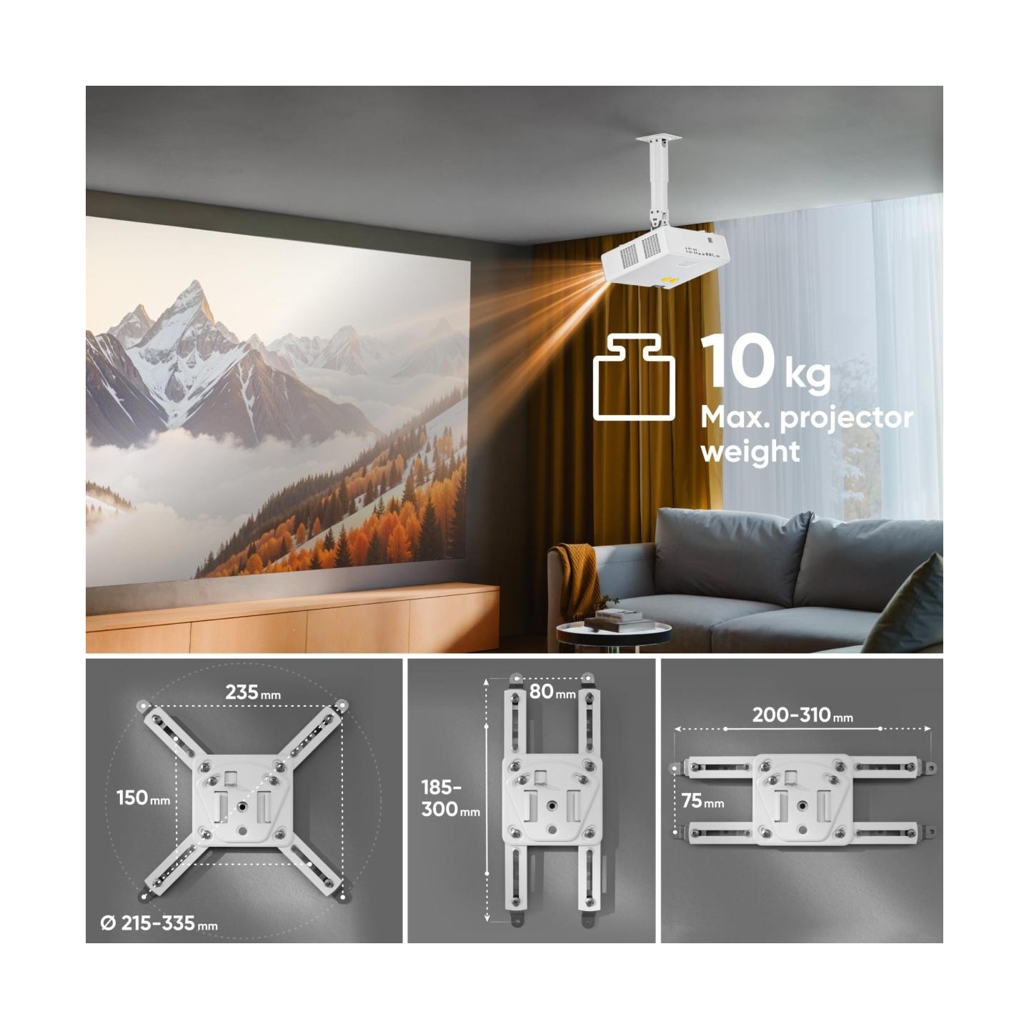Onkron Projector Mount Ceiling Adjustable Bracket up to 22 lbs Projectors, White