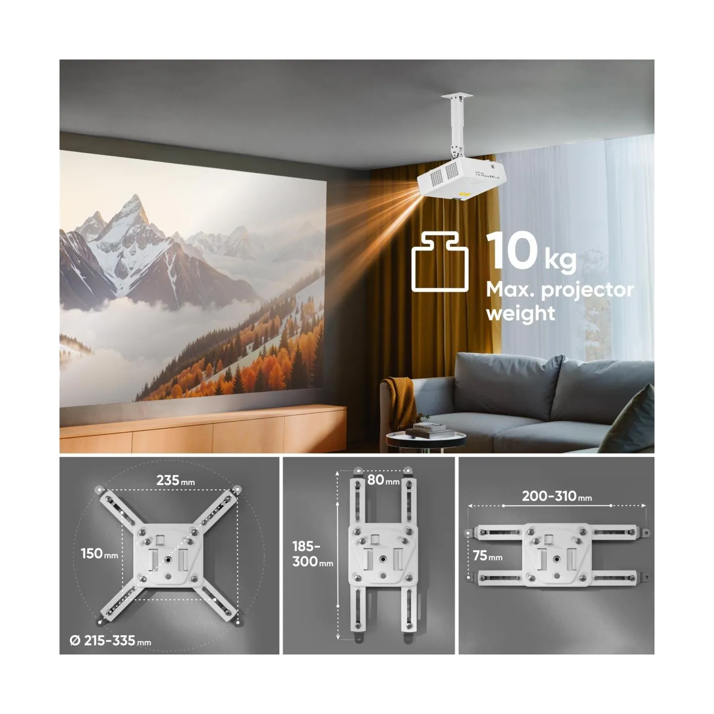 Onkron Projector Mount Ceiling Adjustable Bracket up to 22 lbs Projectors, White