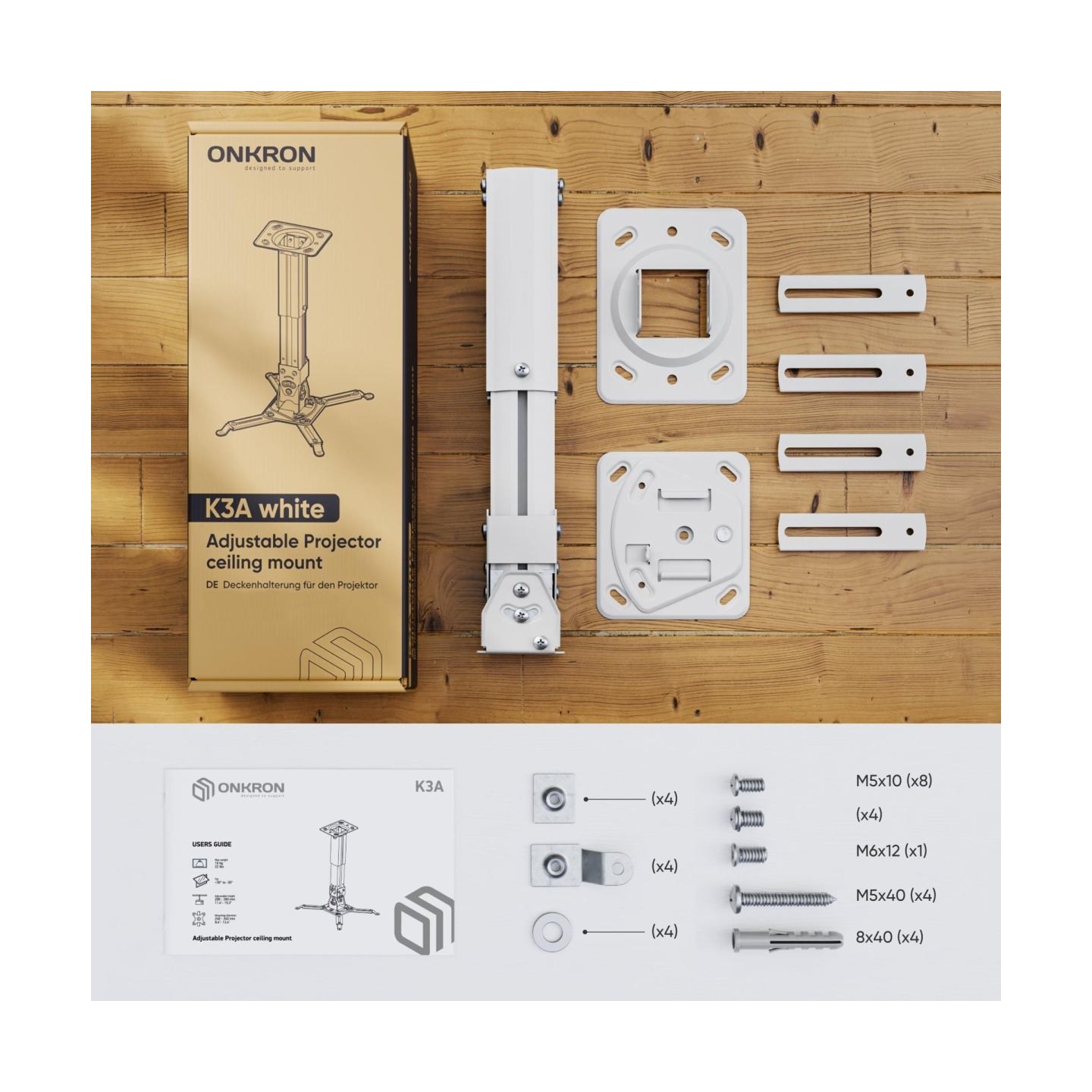 Onkron Projector Mount Ceiling Adjustable Bracket up to 22 lbs Projectors, White