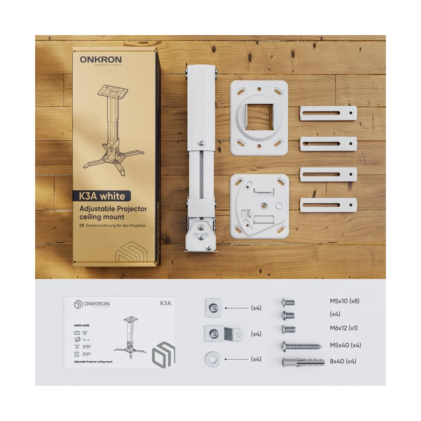 Onkron Projector Mount Ceiling Adjustable Bracket up to 22 lbs Projectors, White
