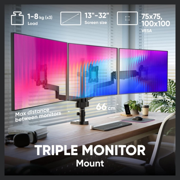 Onkron Triple Monitor Desk Mount Stand for 13-32-Inch LCD LED Screens up to 8 kg, Black