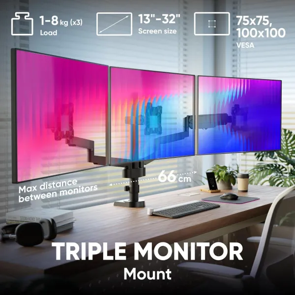 Onkron Triple Monitor Desk Mount Stand for 13-32-Inch LCD LED Screens up to 8 kg, Black