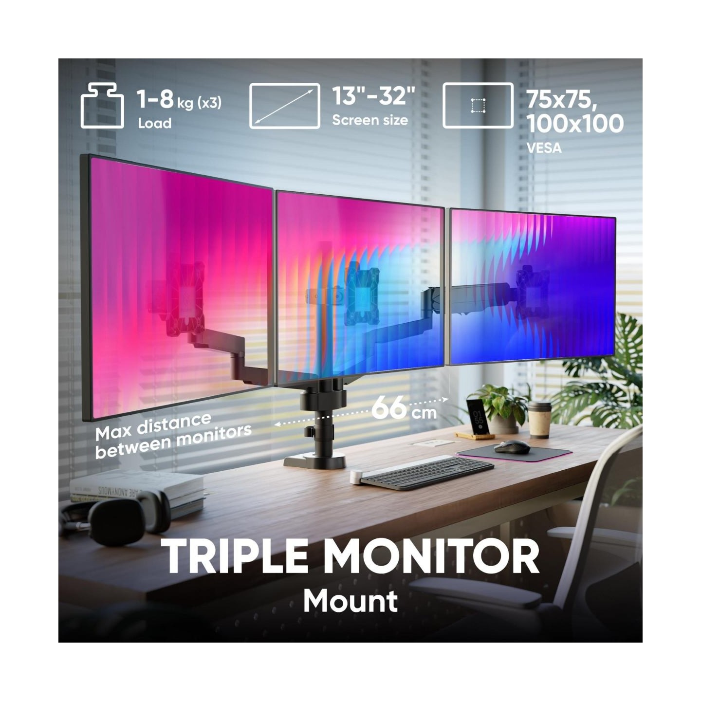 Onkron Triple Monitor Desk Mount Stand for 13-32-Inch LCD LED Screens up to 8 kg, Black