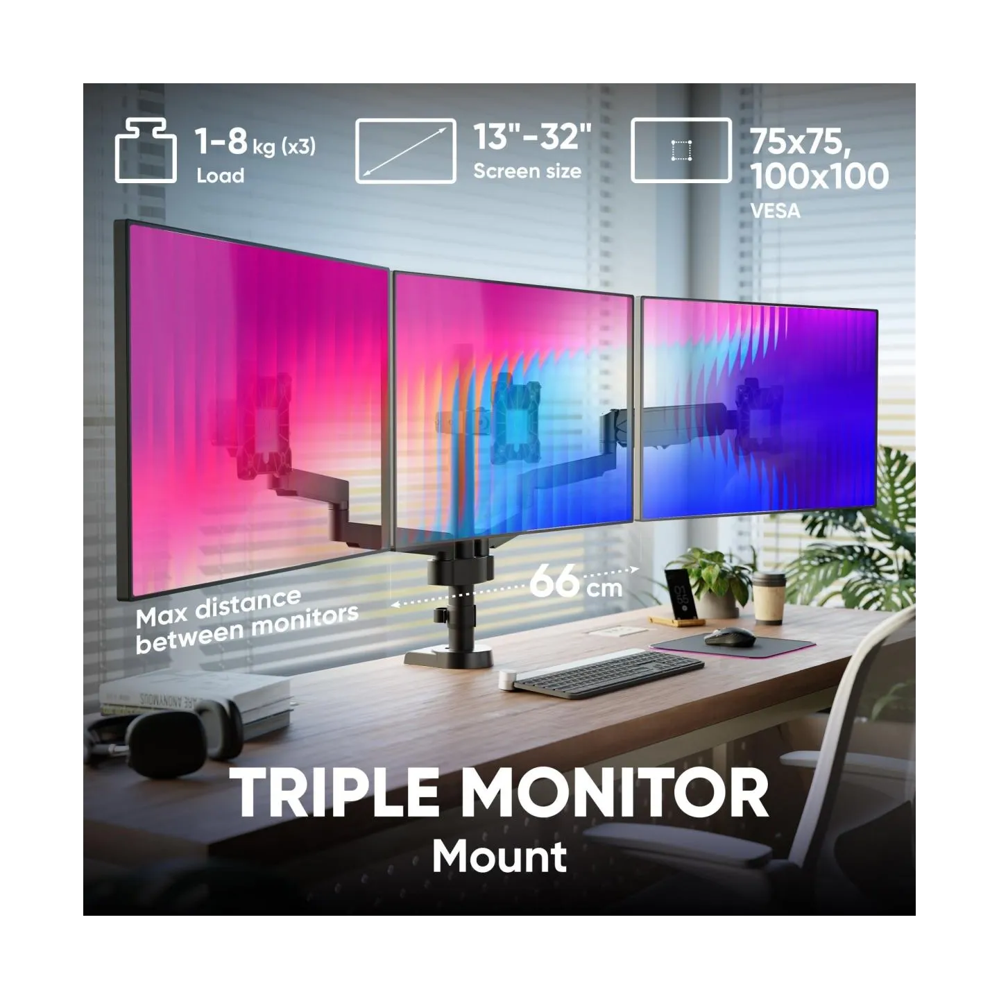 Onkron Triple Monitor Desk Mount Stand for 13-32-Inch LCD LED Screens up to 8 kg, Black