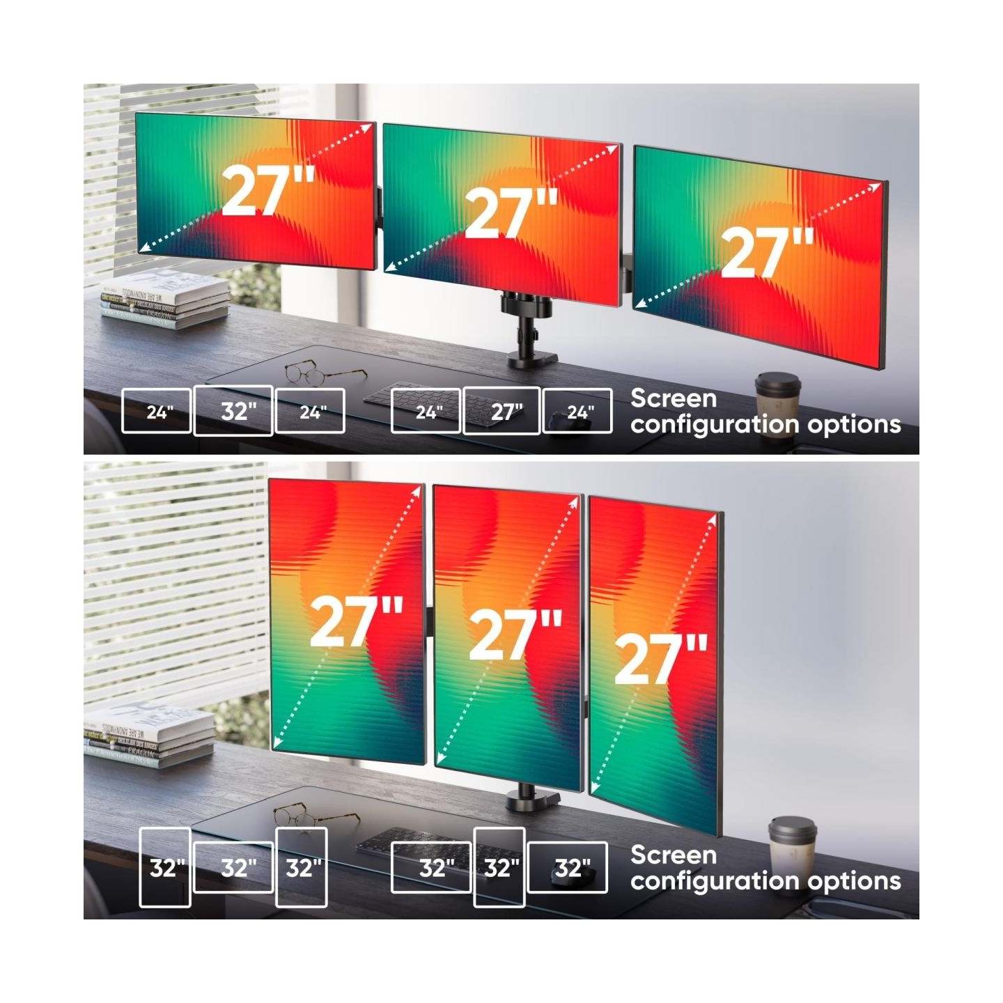 Onkron Triple Monitor Desk Mount Stand for 13-32-Inch LCD LED Screens up to 8 kg, Black