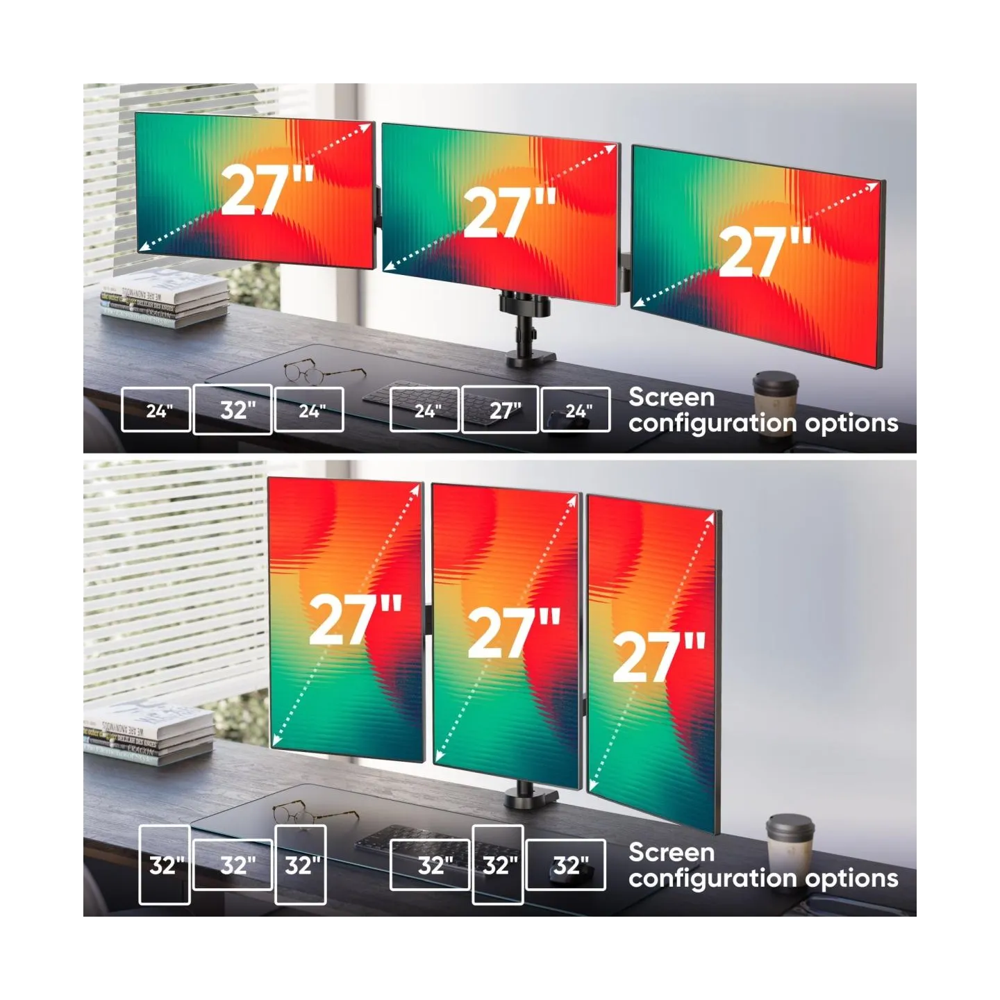 Onkron Triple Monitor Desk Mount Stand for 13-32-Inch LCD LED Screens up to 8 kg, Black