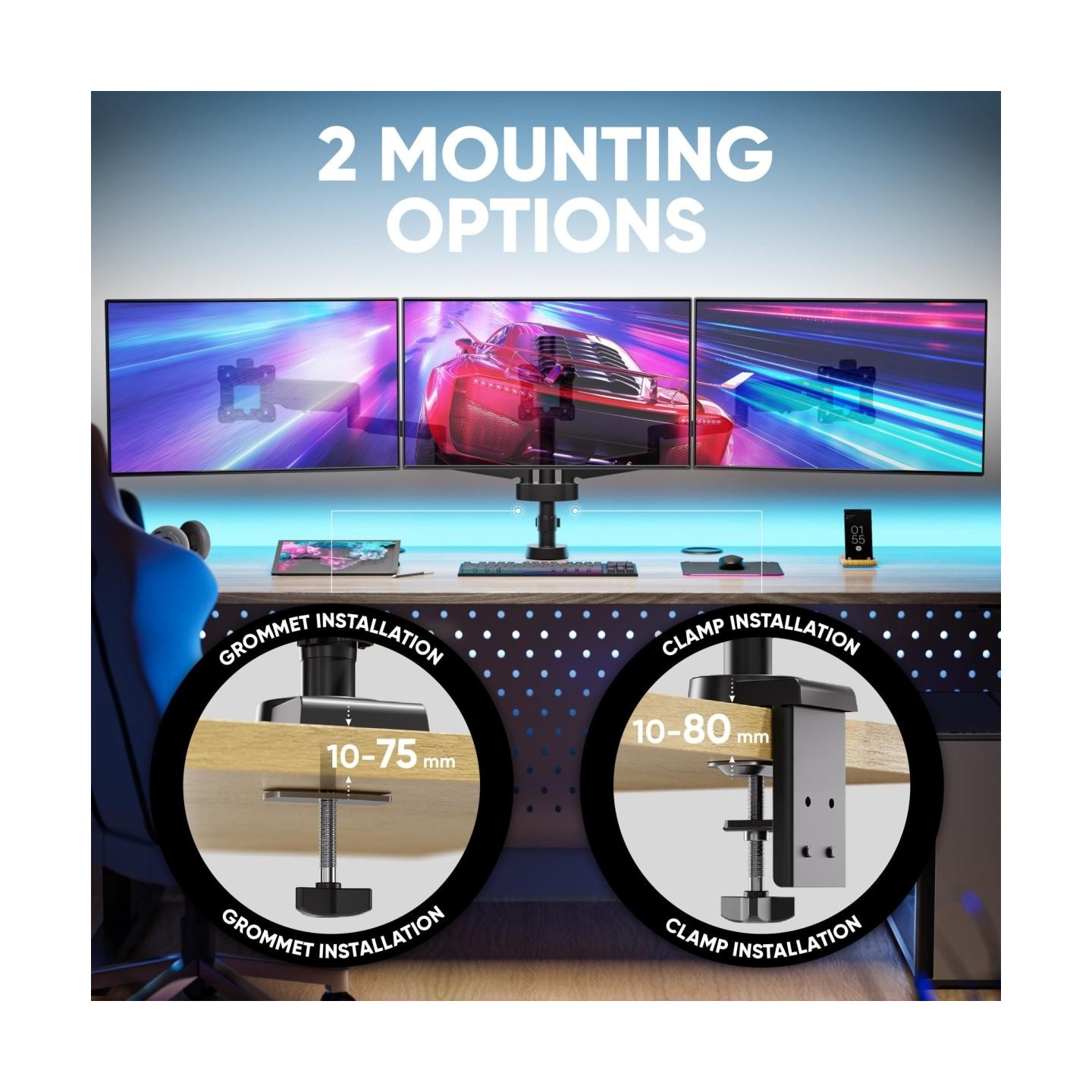 Onkron Triple Monitor Desk Mount Stand for 13-32-Inch LCD LED Screens up to 8 kg, Black