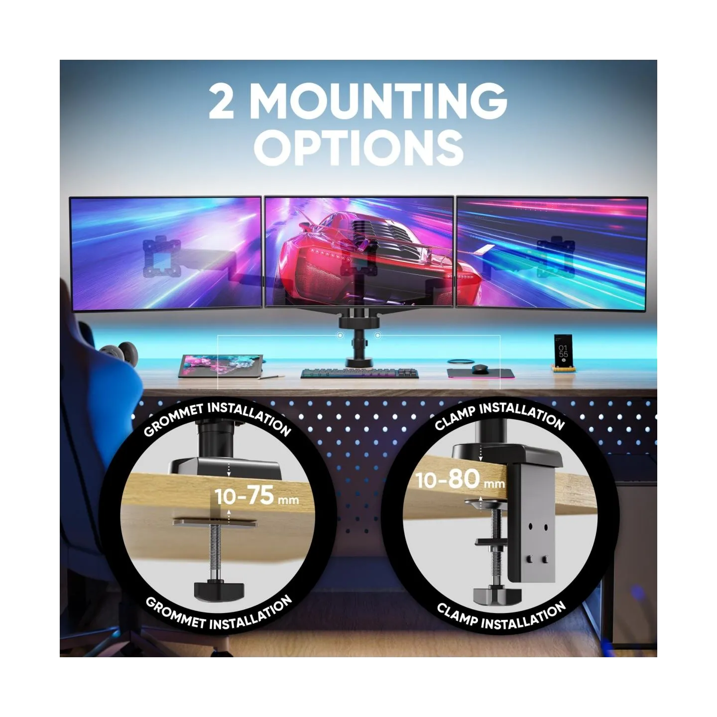 Onkron Triple Monitor Desk Mount Stand for 13-32-Inch LCD LED Screens up to 8 kg, Black