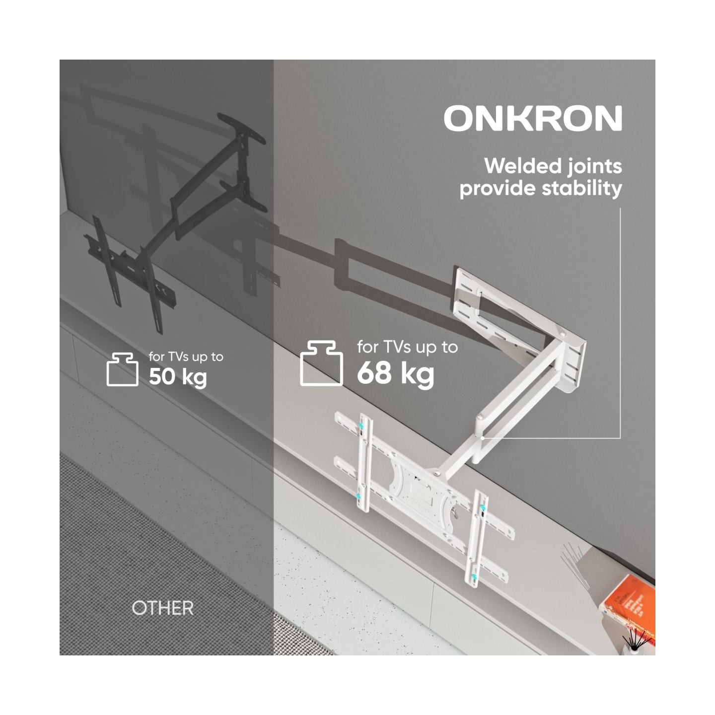 Onkron Full Motion TV Wall Mount for 40 to 75-inch Flat Panel TVs Digital Panels 68,2 kg, White