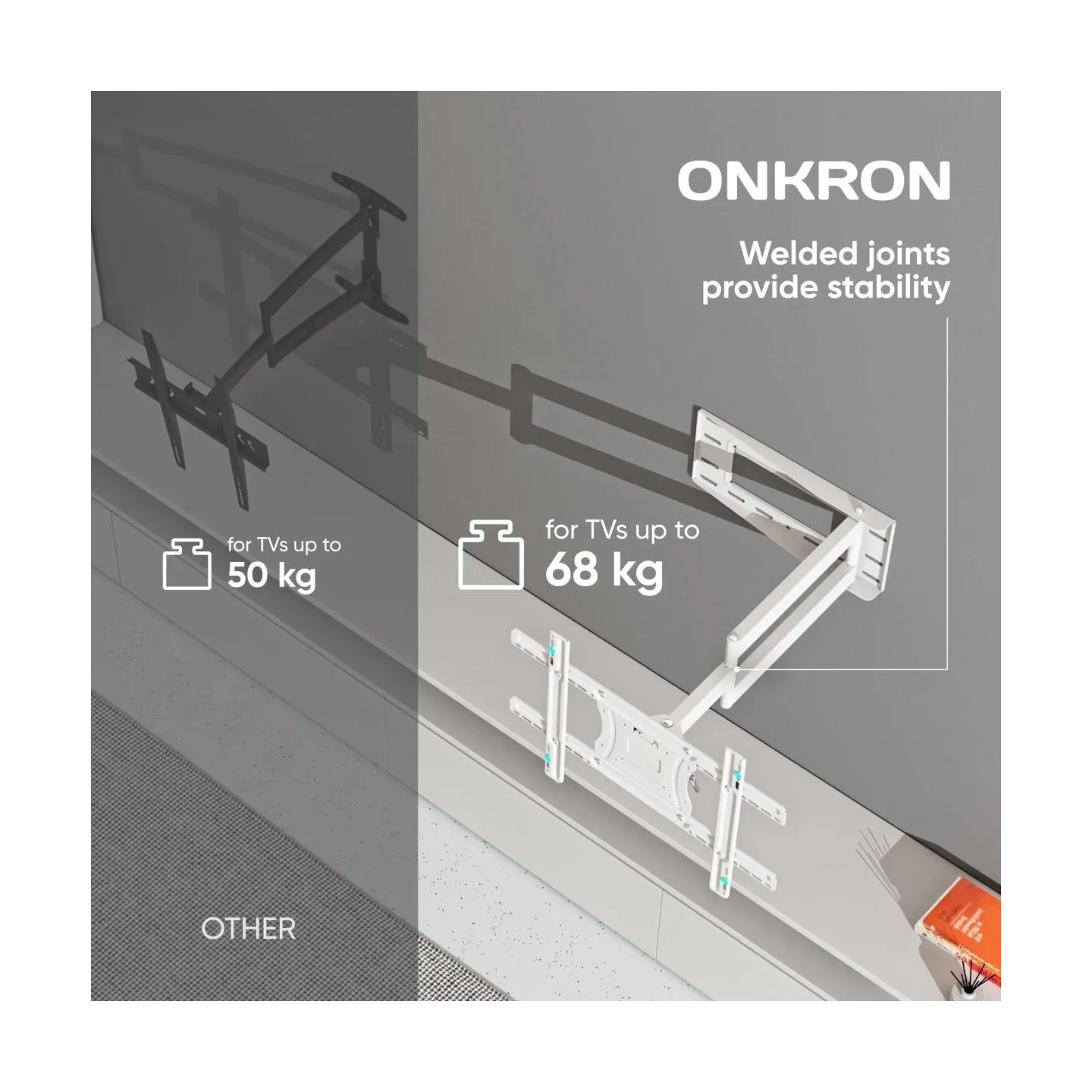 Onkron Full Motion TV Wall Mount for 40 to 75-inch Flat Panel TVs Digital Panels 68,2 kg, White
