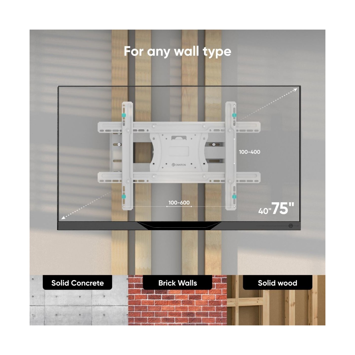 Onkron Full Motion TV Wall Mount for 40 to 75-inch Flat Panel TVs Digital Panels 68,2 kg, White