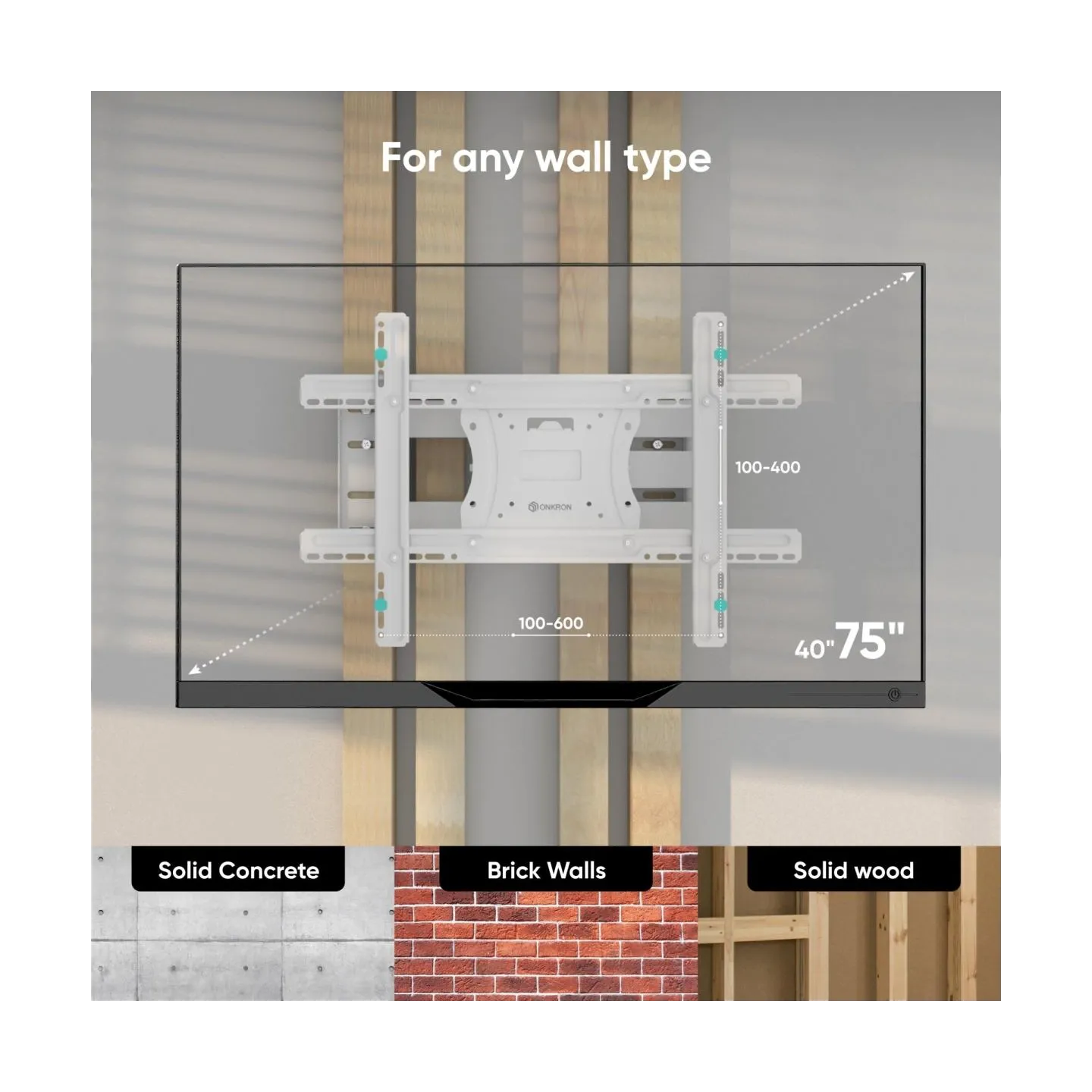 Onkron Full Motion TV Wall Mount for 40 to 75-inch Flat Panel TVs Digital Panels 68,2 kg, White